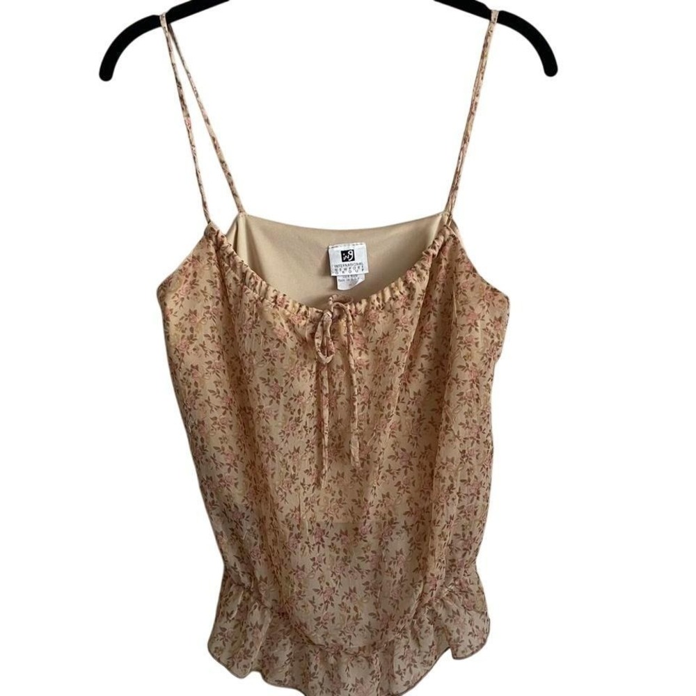 Vintage 90s Y2K Micro Floral Dainty Cami Tank Top Tan Pink Medium Fairy Sheer
